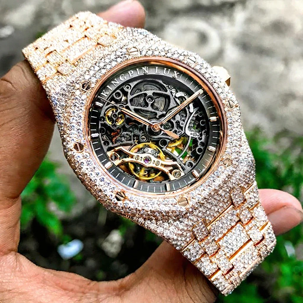 Custom Made VVS Moissanite Gold Skeleton Watch - Image 3